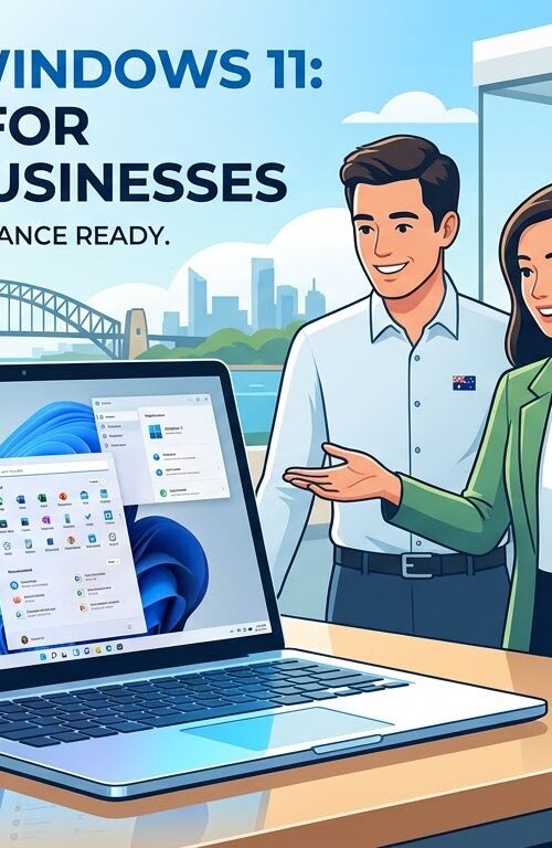 Sydney skyline and text that reads 'Upgrade to Windows 11: Key Benefits for Australian Businesses. Secure. Productive. Performance Ready.' along with the Catalyst Computers logo.