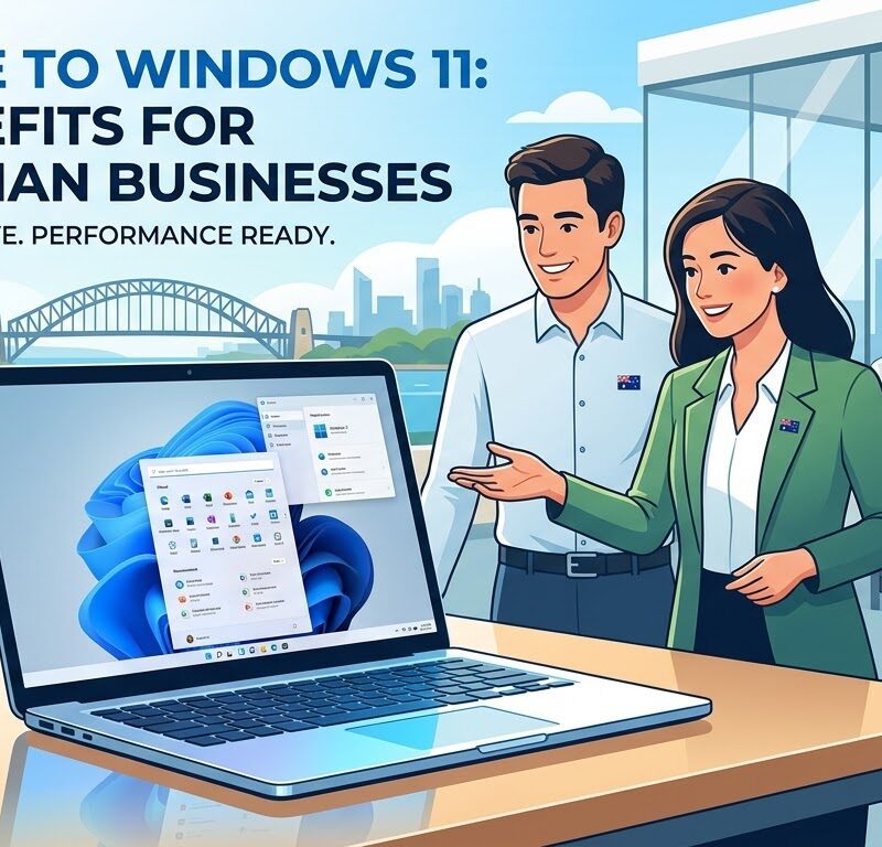 Sydney skyline and text that reads 'Upgrade to Windows 11: Key Benefits for Australian Businesses. Secure. Productive. Performance Ready.' along with the Catalyst Computers logo.