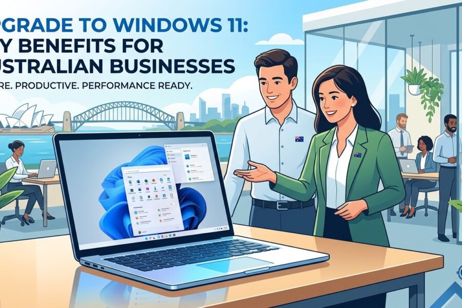 Sydney skyline and text that reads 'Upgrade to Windows 11: Key Benefits for Australian Businesses. Secure. Productive. Performance Ready.' along with the Catalyst Computers logo.