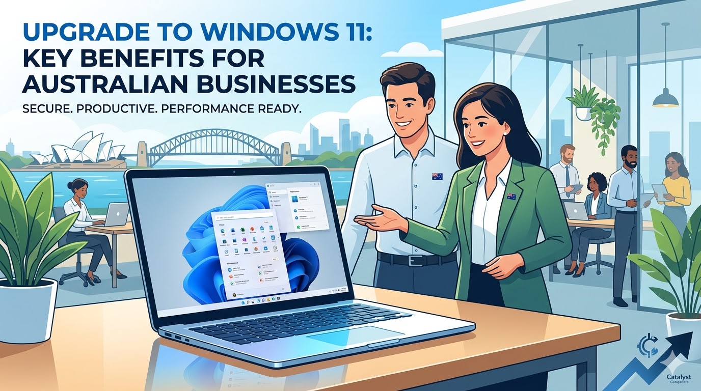Sydney skyline and text that reads 'Upgrade to Windows 11: Key Benefits for Australian Businesses. Secure. Productive. Performance Ready.' along with the Catalyst Computers logo.